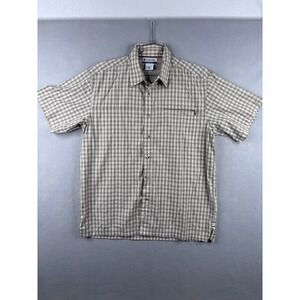 Columbia Mens Large Tan Plaid Short Sleeve Button Up Hiking Shirt Mesh Back 350